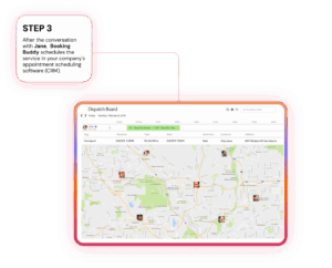 A computer screen displays a dispatch board map with appointments scheduled, illustrating step 3 of using appointment scheduling software in a digital marketing workflow.