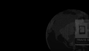 A dark-toned digital illustration of a dotted globe showing Asia, with part of a cropped, translucent overlay featuring marketing-focused text on the right side.