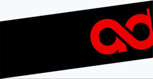 Red stylized "ad" letters form an infinity symbol on a black diagonal background with light grey edges, representing endless possibilities in CRM and email marketing.