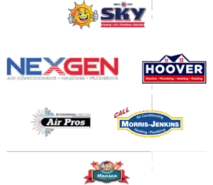 Logos of six leading HVAC and plumbing companies—Sky, NexGen, Hoover, Air Pros, Morris-Jenkins, and Hansen—are displayed on a white background, showcasing trusted brands in the industry’s digital marketing landscape.