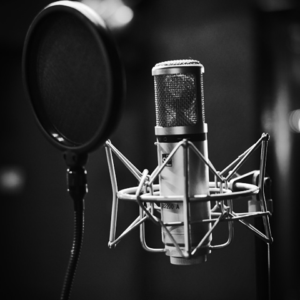 A close-up of a studio microphone with a pop filter in front of it, set against a blurred background—perfect for recording digital marketing or SEO podcasts.