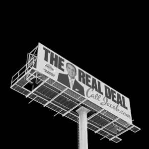 A large billboard displays a man in a suit with the text "The Real Deal," "CallJacob.com," and highlights expert SEO strategies against a black background.