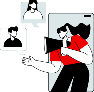 Illustration of a woman emerging from a smartphone with a megaphone, highlighting digital marketing as she speaks to two people shown in speech bubbles.