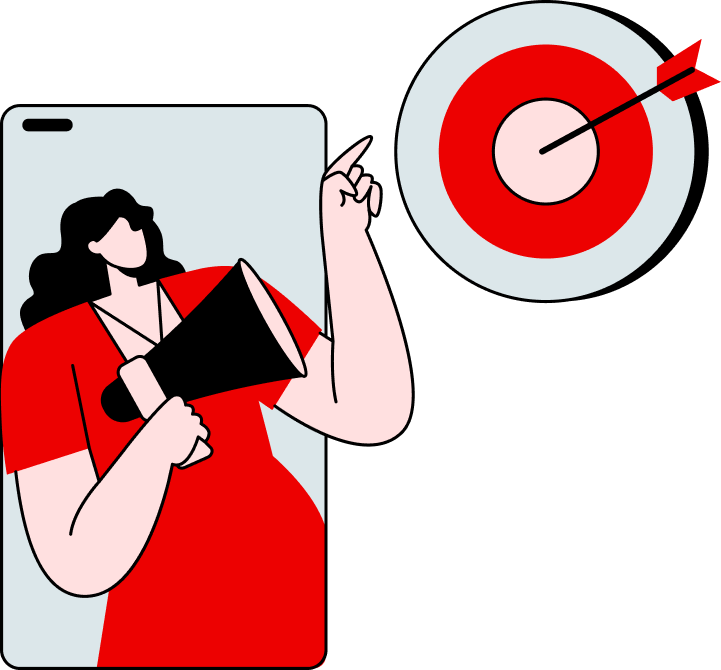 Illustration of a woman holding a megaphone and pointing at a target with an arrow in the center, symbolizing the power of digital marketing.