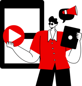 Illustration of a person holding a tablet and a play button, wearing a headset, with a speech bubble containing a megaphone, standing in front of a large screen, representing digital marketing.