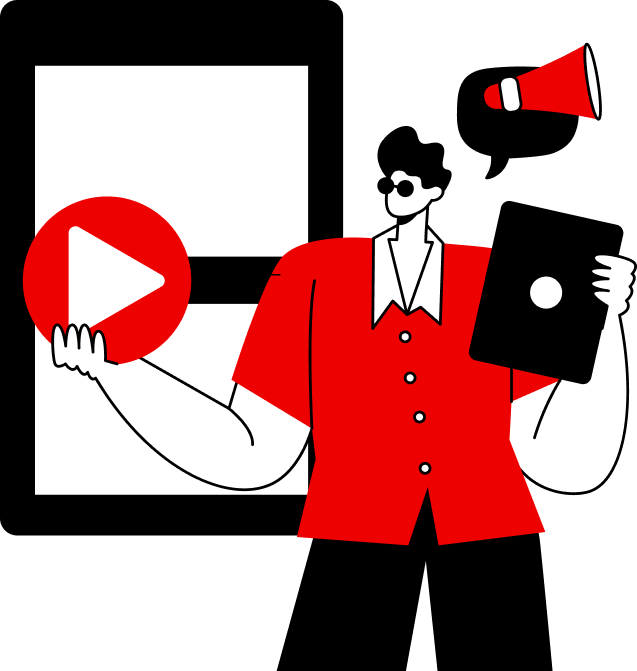 Illustration of a person holding a tablet and a play button, wearing a headset, with a speech bubble containing a megaphone, standing in front of a large screen, representing digital marketing.