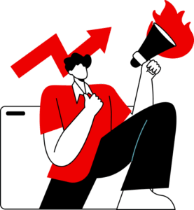 Illustration of a person holding a megaphone with flames, sitting beside an upward arrow, symbolizing digital marketing activism or making a passionate SEO announcement.