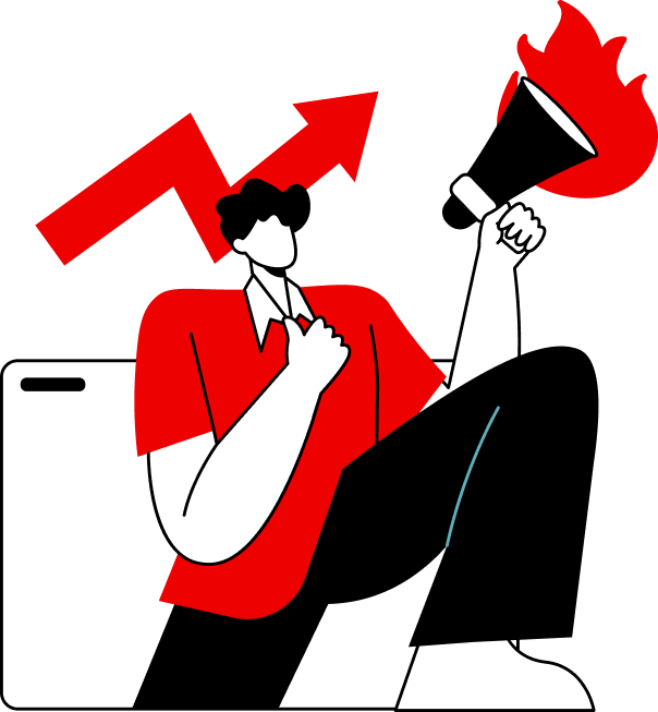 Illustration of a person holding a megaphone with flames, sitting beside an upward arrow, symbolizing digital marketing activism or making a passionate SEO announcement.