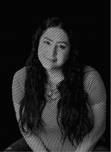 A black-and-white image of a person with long hair, facing forward, rendered with curved horizontal lines on a solid black background—perfect for digital marketing visuals seeking a modern and artistic flair.
