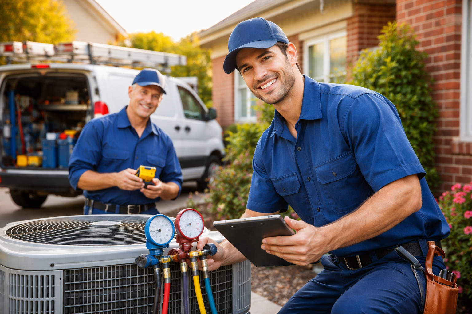 Two HVAC technicians in blue uniforms check an outdoor air conditioning unit using gauges and a tablet, with a service van and tools in the background.